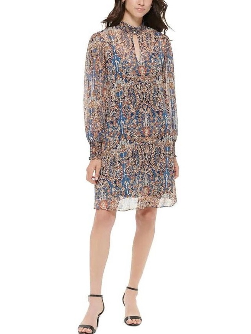 Tommy Hilfiger Paisley Sheer Chiffon Mock Neck Shift Dress Size 4 Boho